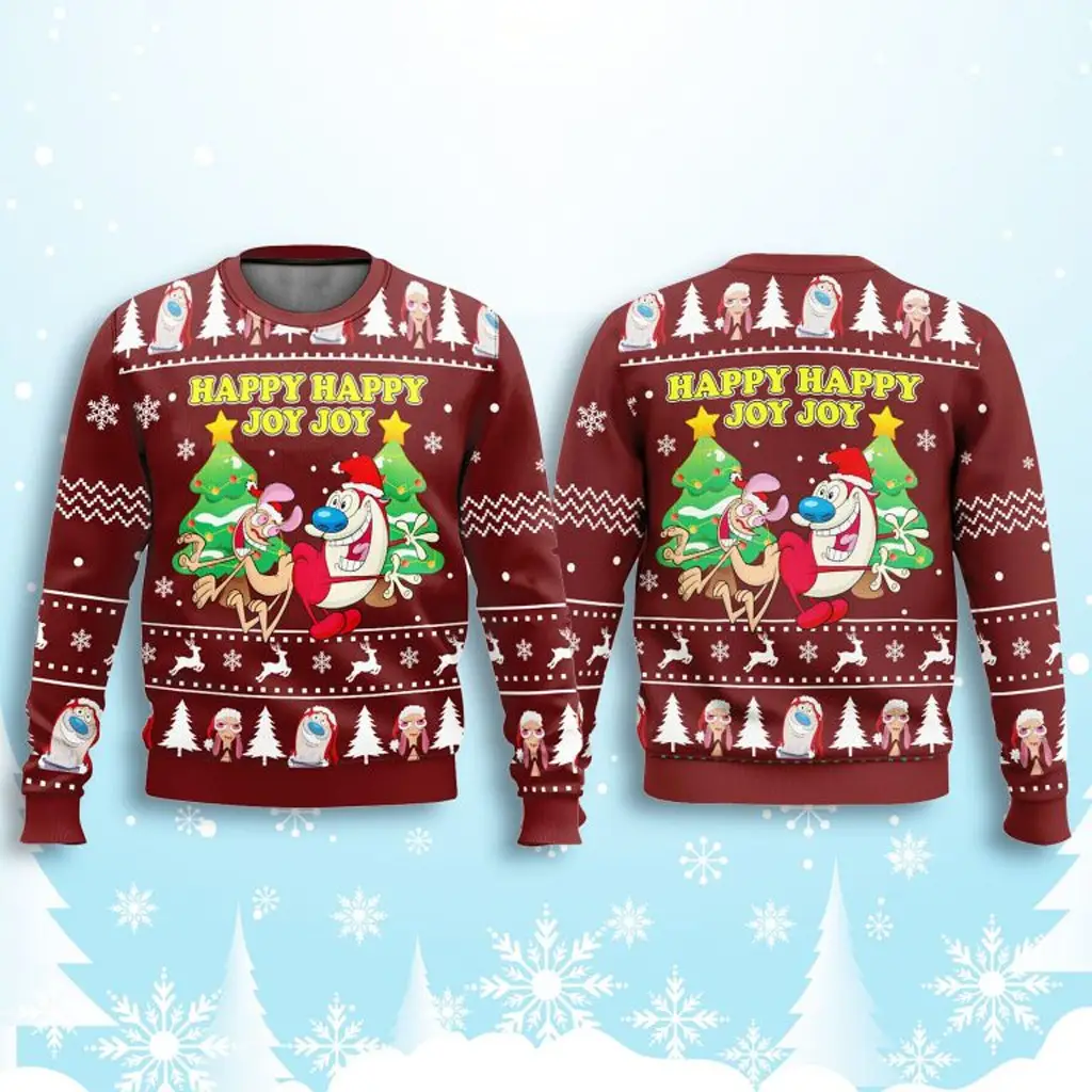 Ren And Stimpy Happy Happy Joy Joy Ugly Christmas Sweater Ugly Xmas Sweater Gifts For Besties - WearandDecor Ren And Stimpy Happy Happy Joy Joy Ugly Christmas Sweater Ugly Xmas Sweater Gifts For Besties - WearandDecor - Image 1