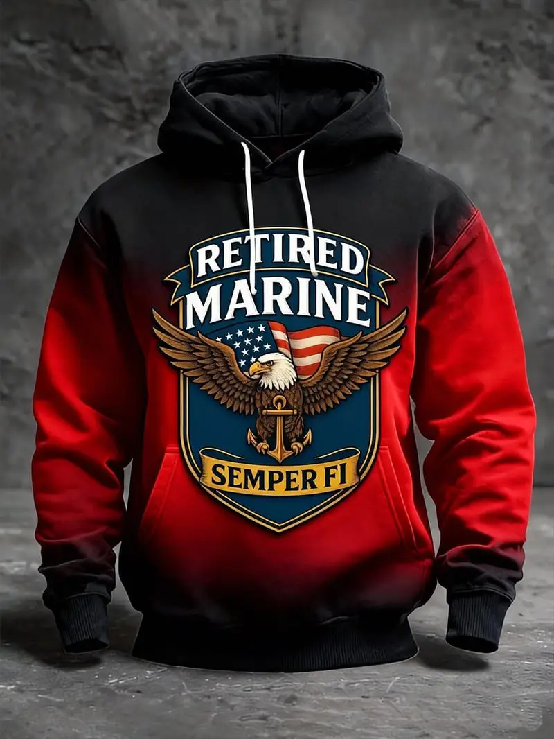 Retired Marine Hoodie Patriotic Red Black Eagle Pullover Gift For Veterans