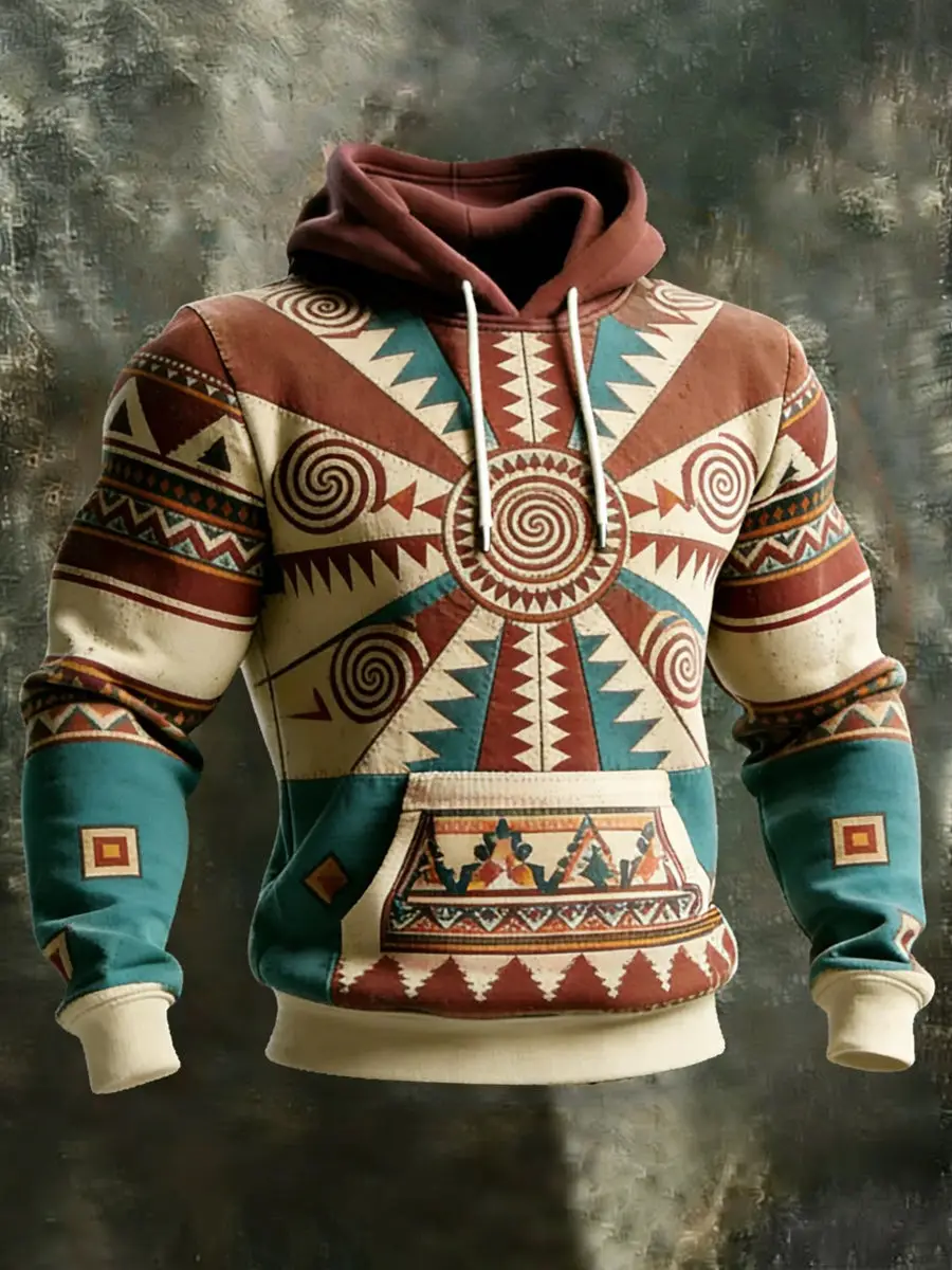 Retro Ethnic Pattern Hoodie Mens Aztec Native American Style Hoodie Special Gifts For Dad