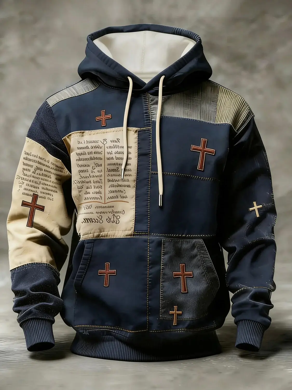 Retro Faith Cross Geometric Patchwork Hoodie Men's Christian Apparel Gifts For Jesus Lover