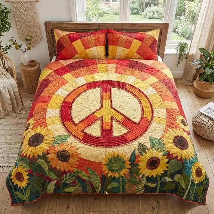 Retro Groove Quilted Bedding Set Groovy Bedroom Decor Cozy Home Gift For Vintage Lovers