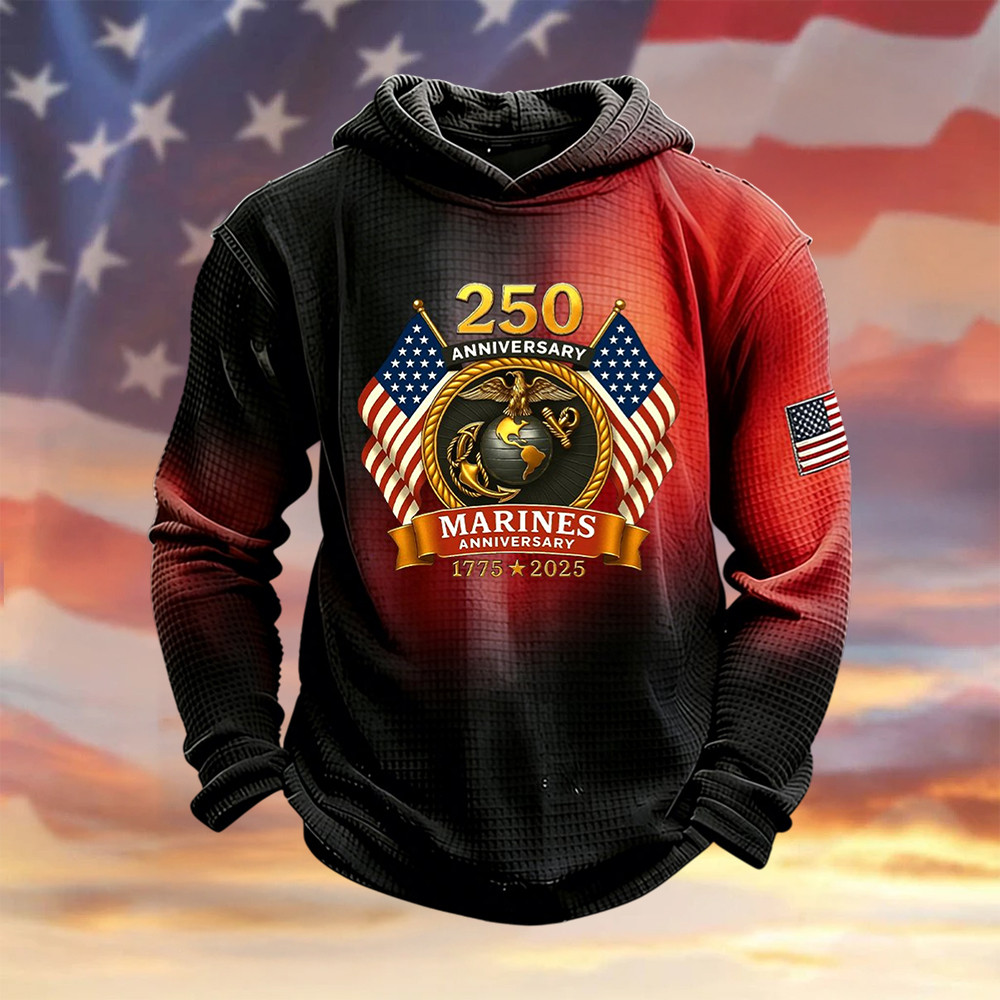 Retro Marine Corps 250th Anniversary Waffle Hoodie USMC Apparel Present For Him Retro Marine Corps 250th Anniversary Waffle Hoodie USMC Apparel Present For Him - Image 1