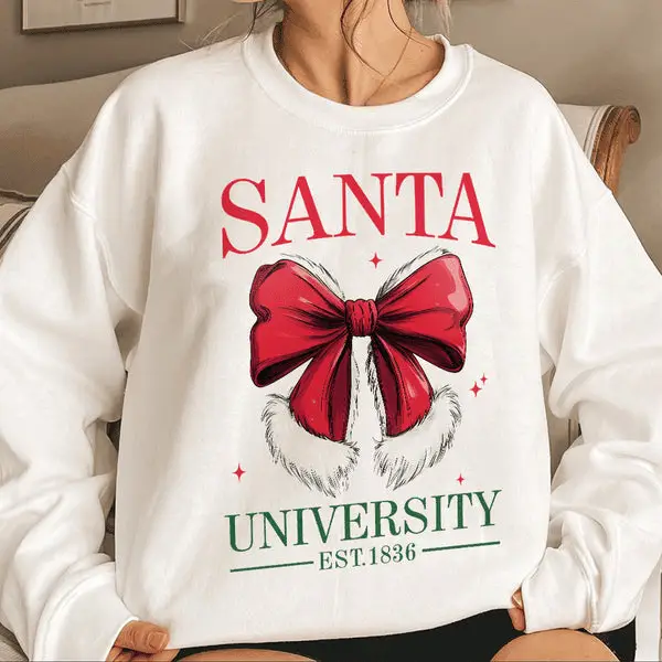 Retro Santa Bow University Est 1836 Sweatshirt Coquette Bow Christmas Shirt Holiday Gifts