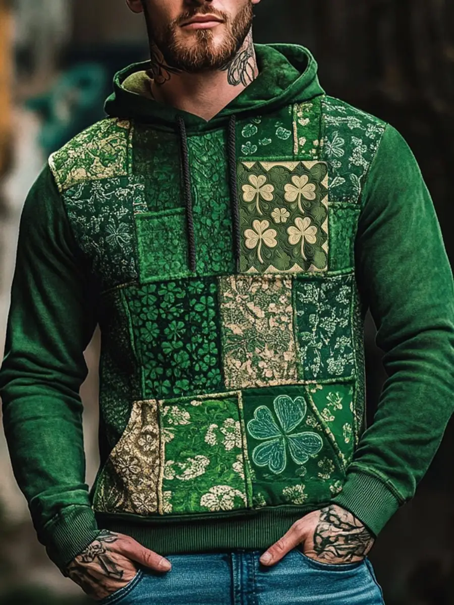 Retro St Patrick's Day Print Hoodie Shamrock Patchwork Hoodie St Patrick’s Day Gifts For Him