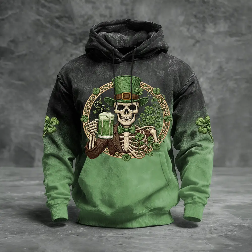 Retro St. Patrick's Day Hoodie Skeleton Art St Patrick's Day Apparel Gift For Him