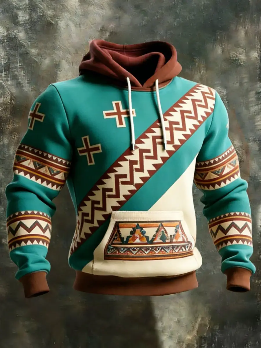 Retro Western Aztec Hoodie Ethnic Geometric Hooded Sweatshirt Special Birthday Gifts For Dad