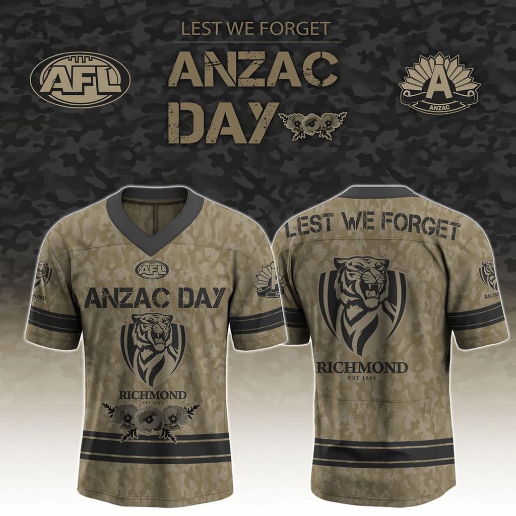 Richmond Tigers X Anzac Day 2026 Jersey Lest We Forget Jersey Richmond Tigers Merch Fan Gifts