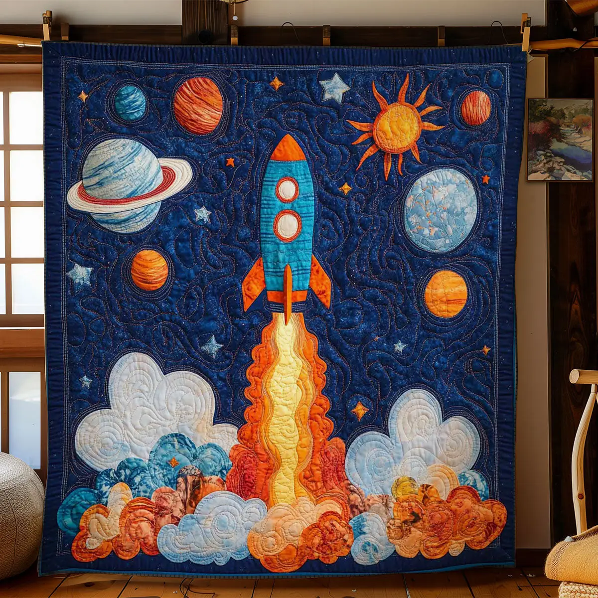 Rocket To The Moon Quilt Unique Quilt Blanket Gift for Special Occasions