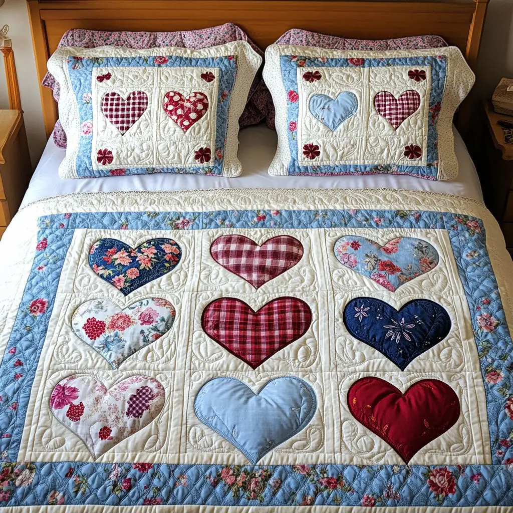 Romantic Flower Hearts Quilted Bedding Set Cozy Home Decor Unique Valentine's Day Ideas