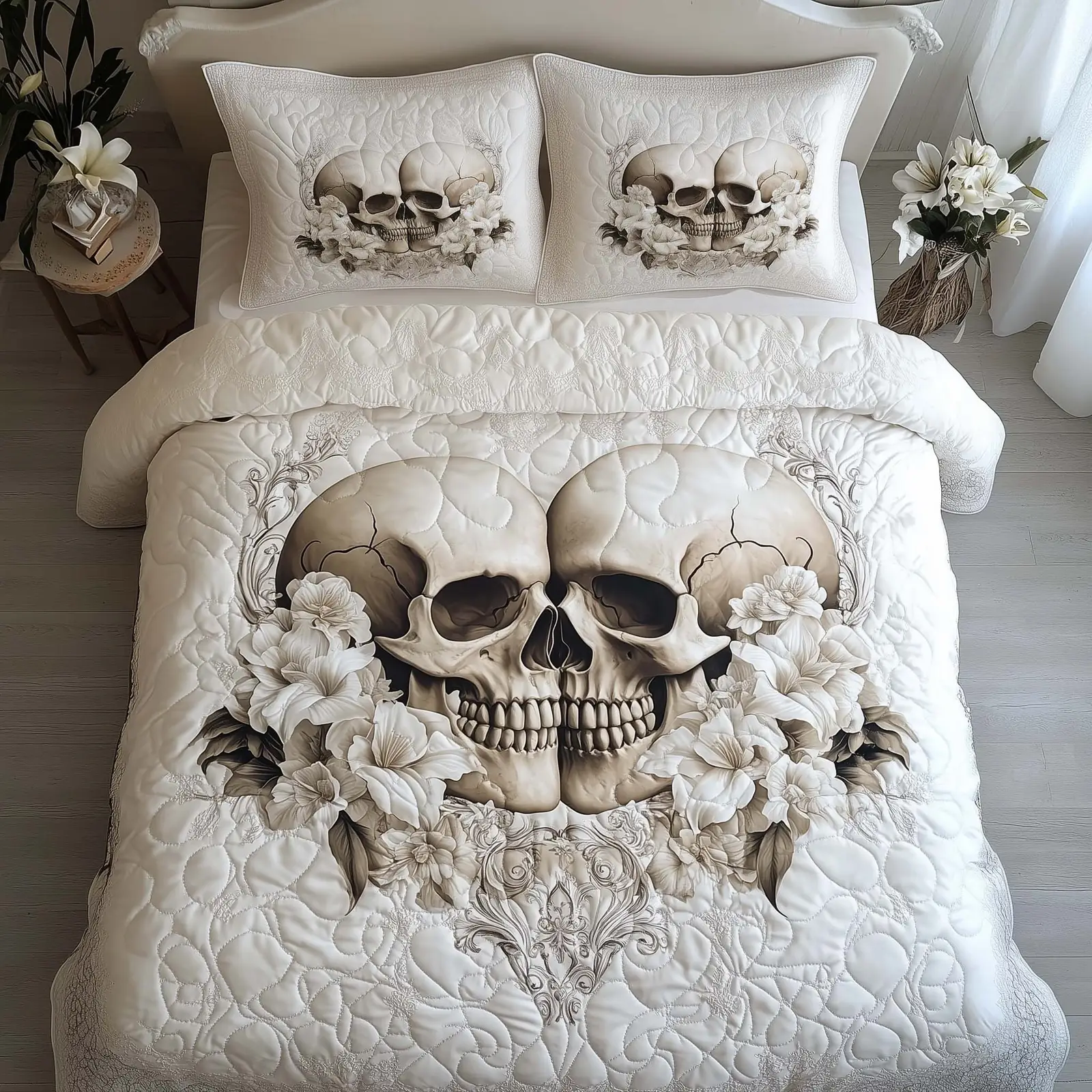 Romantic Gothic Skulls Quilted Bedding Set Edgy Dark Bedroom Decor Gift For Skull Lovers Romantic Gothic Skulls Quilted Bedding Set Edgy Dark Bedroom Decor Gift For Skull Lovers - Image 1