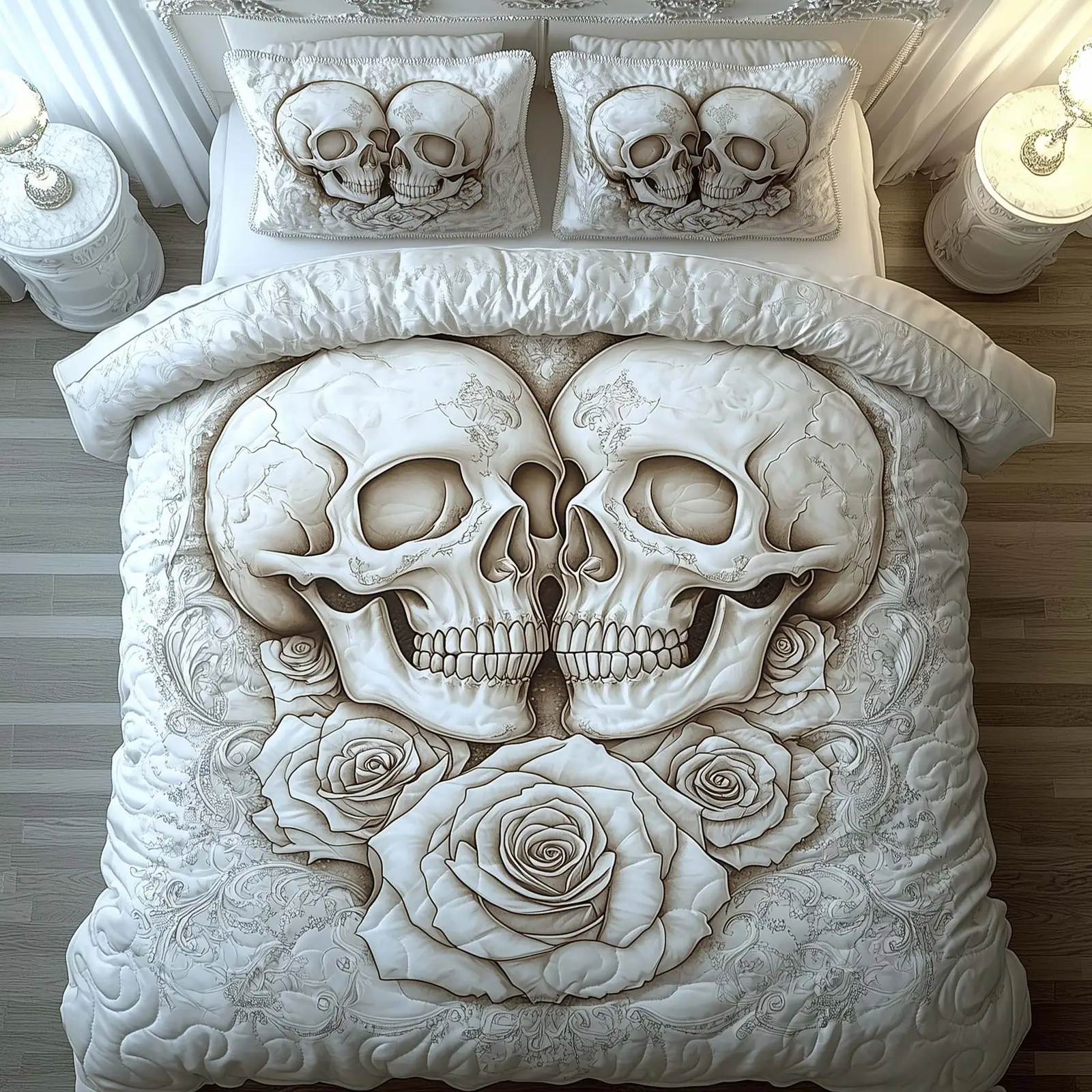 Romantic Gothic Skulls Quilted Bedding Set White Skull Themed Valentine Day Presents