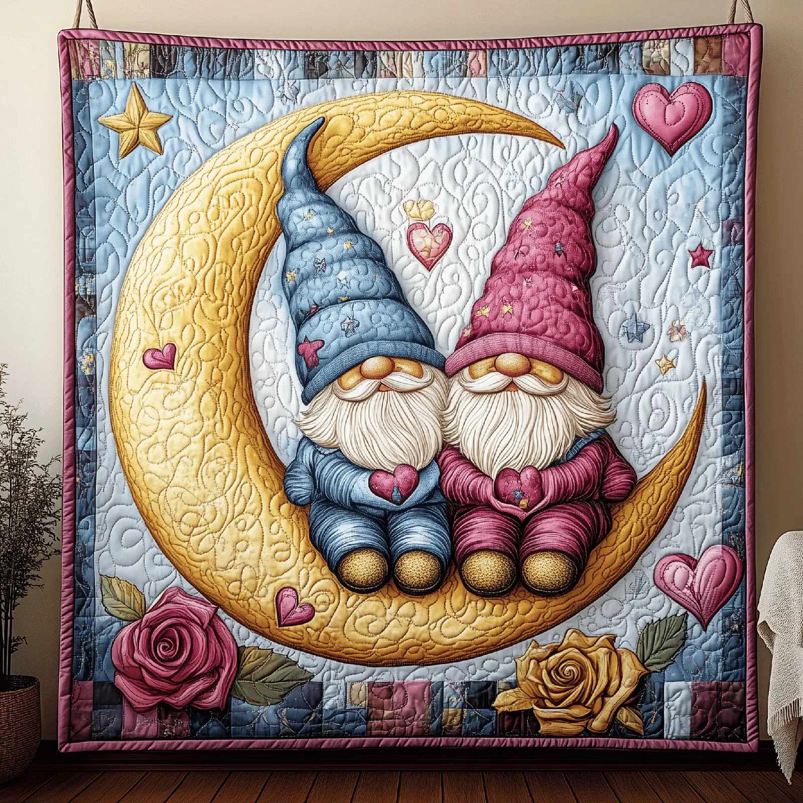 Romantic Moonlight Gnomes Quilted Blanket Bedroom Accessories Cool Gifts For Gnome Lovers