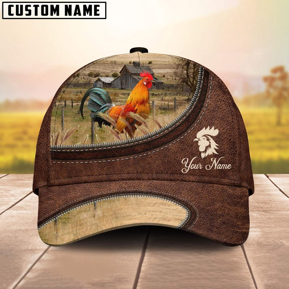 Rooster Chicken On The Farm Customized Name Leather Pattern Cap Farmer Baseball Cap
