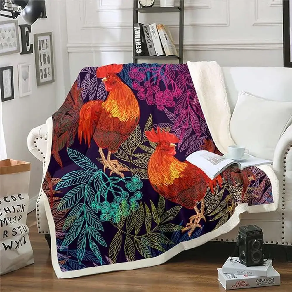 Rooster Chickens Acacia Flower Pattern Blanket Farm Blanket Unique Gifts For Farmers
