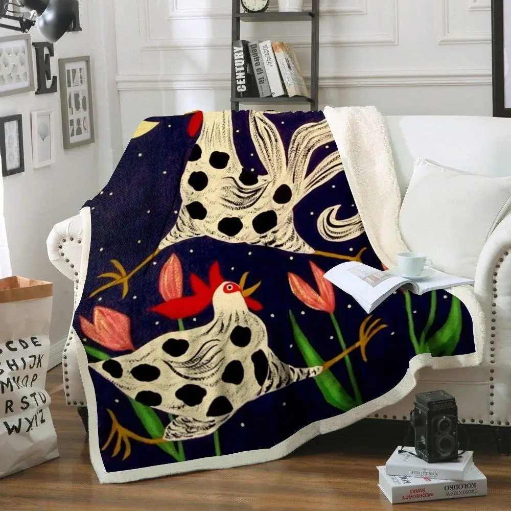 Rooster Chickens Folk Art Printed Blanket Farm Blanket Unique Gifts For Farmers