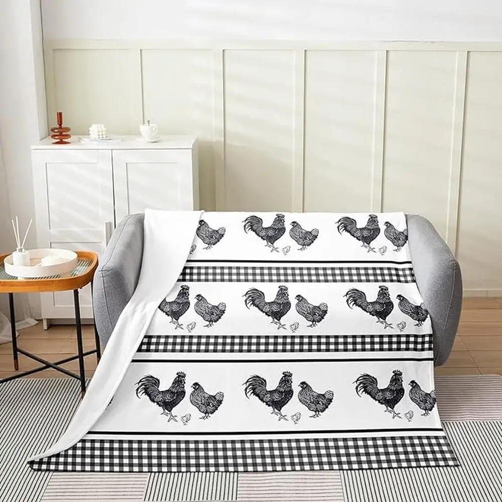 Rooster Chickens Gingham Pattern Blanket Farm Blanket Unique Gifts For Farmers