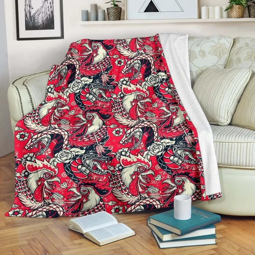 Rooster Chickens Illustration Art Printed Blanket Farm Blanket Unique Gifts For Farmers Rooster Chickens Illustration Art Printed Blanket Farm Blanket Unique Gifts For Farmers - Image 1