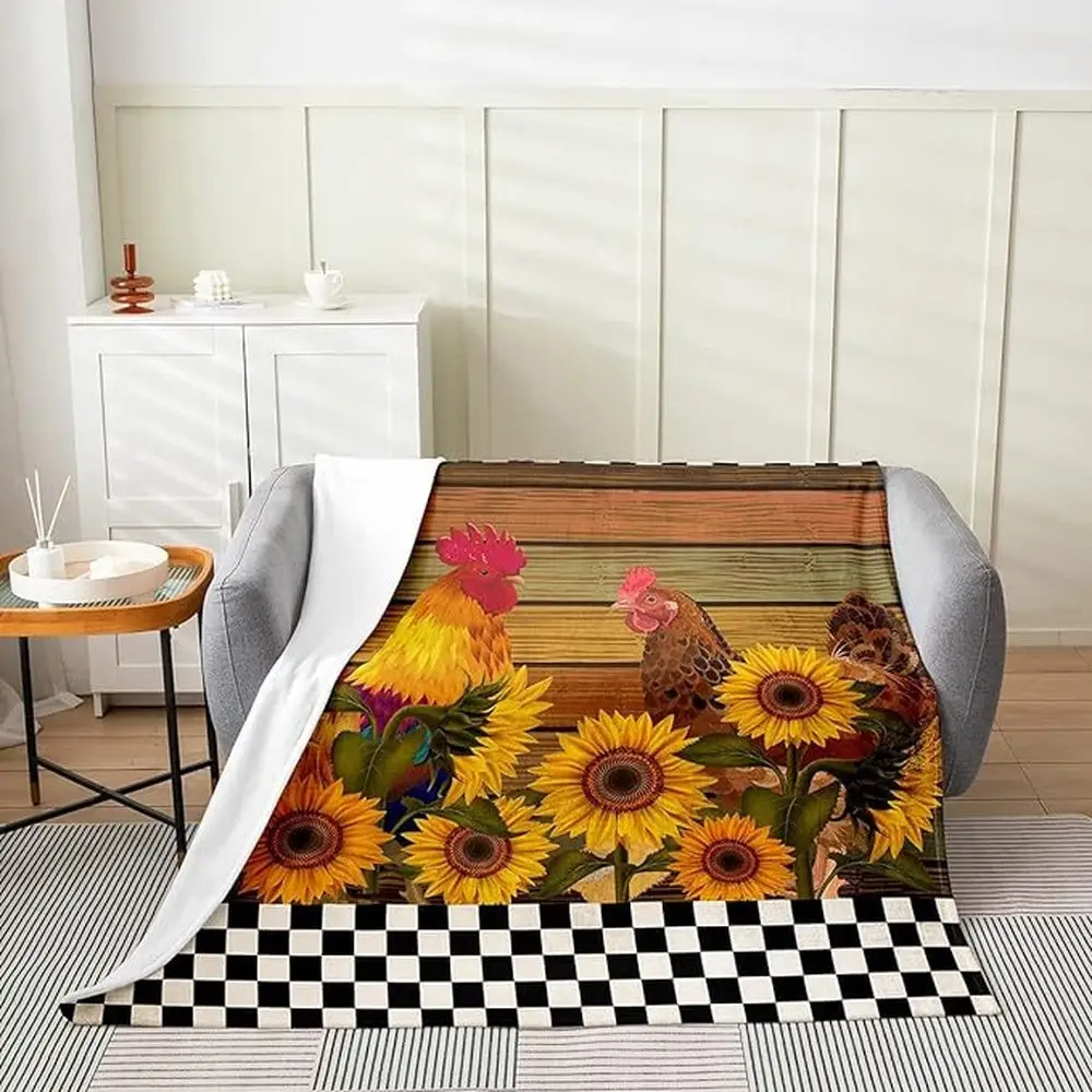 Rooster Chickens Sunflower Checkerboard Pattern Blanket Farm Blanket Unique Gifts For Farmers