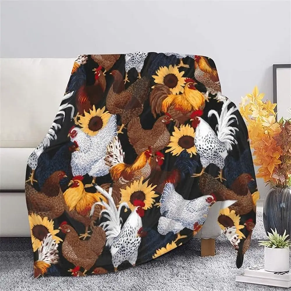 Rooster Chickens Sunflower Pattern 3D Printed Blanket Farm Blanket Unique Gifts For Farmers