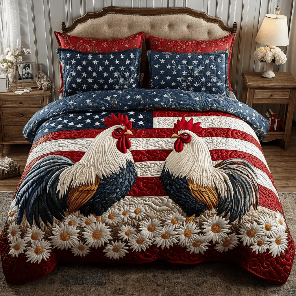 Rooster Pride  Quilted Bedding Set  Best Luxury Sheets Fourth Of July Gifts