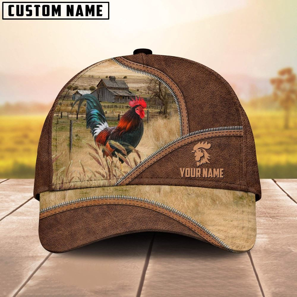 Rooster Zipper Leather Pattern Customized Name Cap Farmer Baseball Cap Gift For Farmer