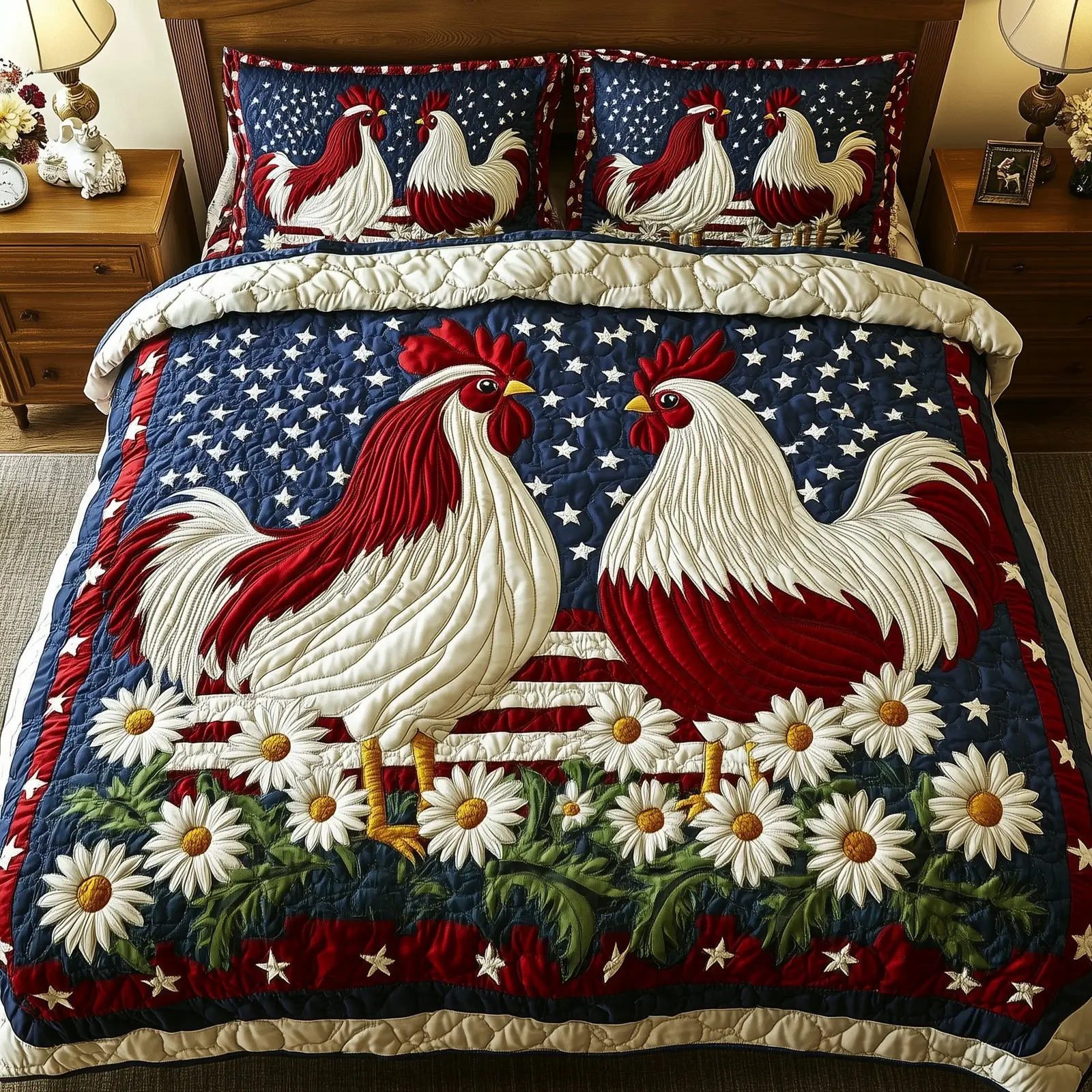 Roosters of the Republic  Quilted Bedding Set Patritotic Duvet Covers Meaningful Gifts For Mom