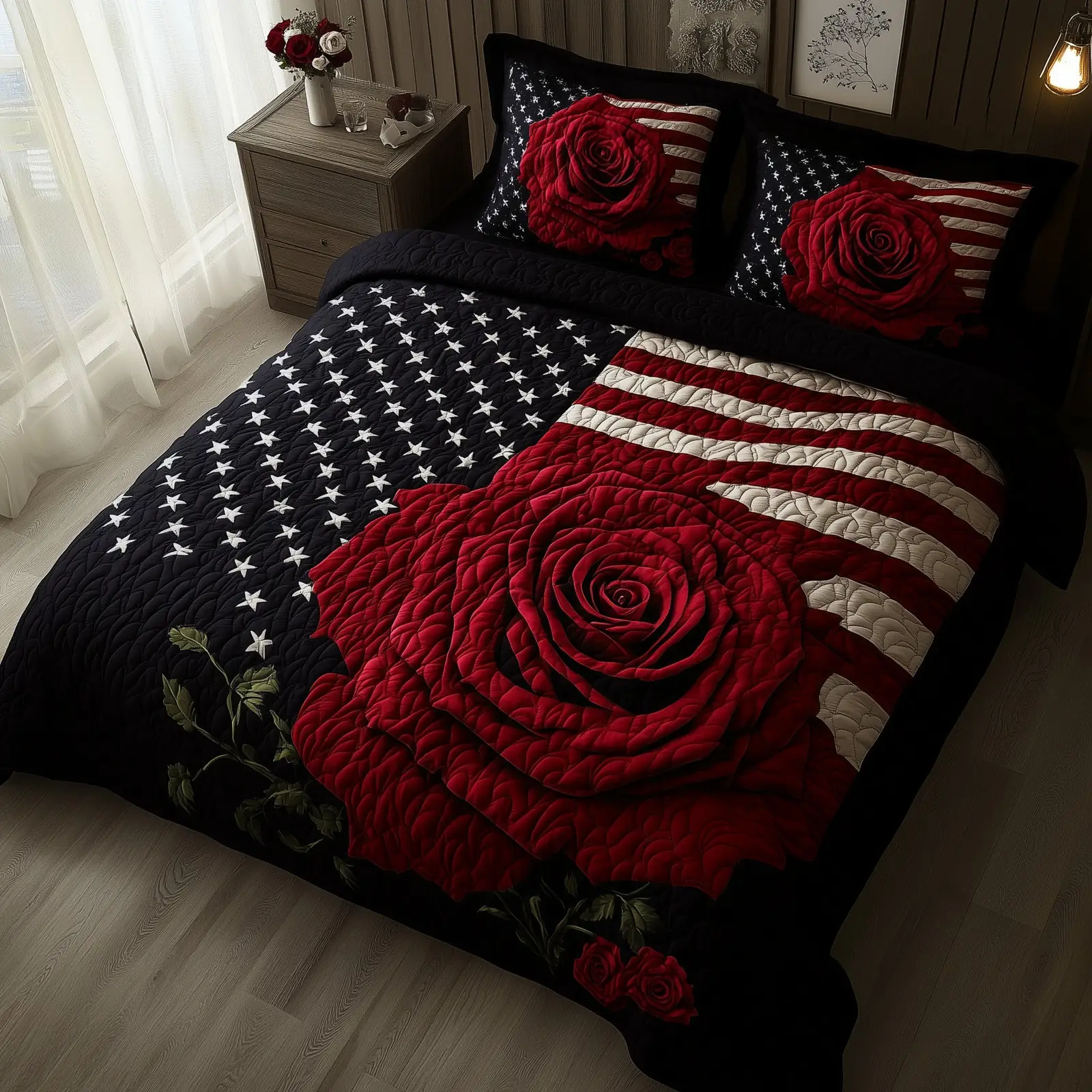 Rose And Glory Quilted Bedding Set Farmhouse Style