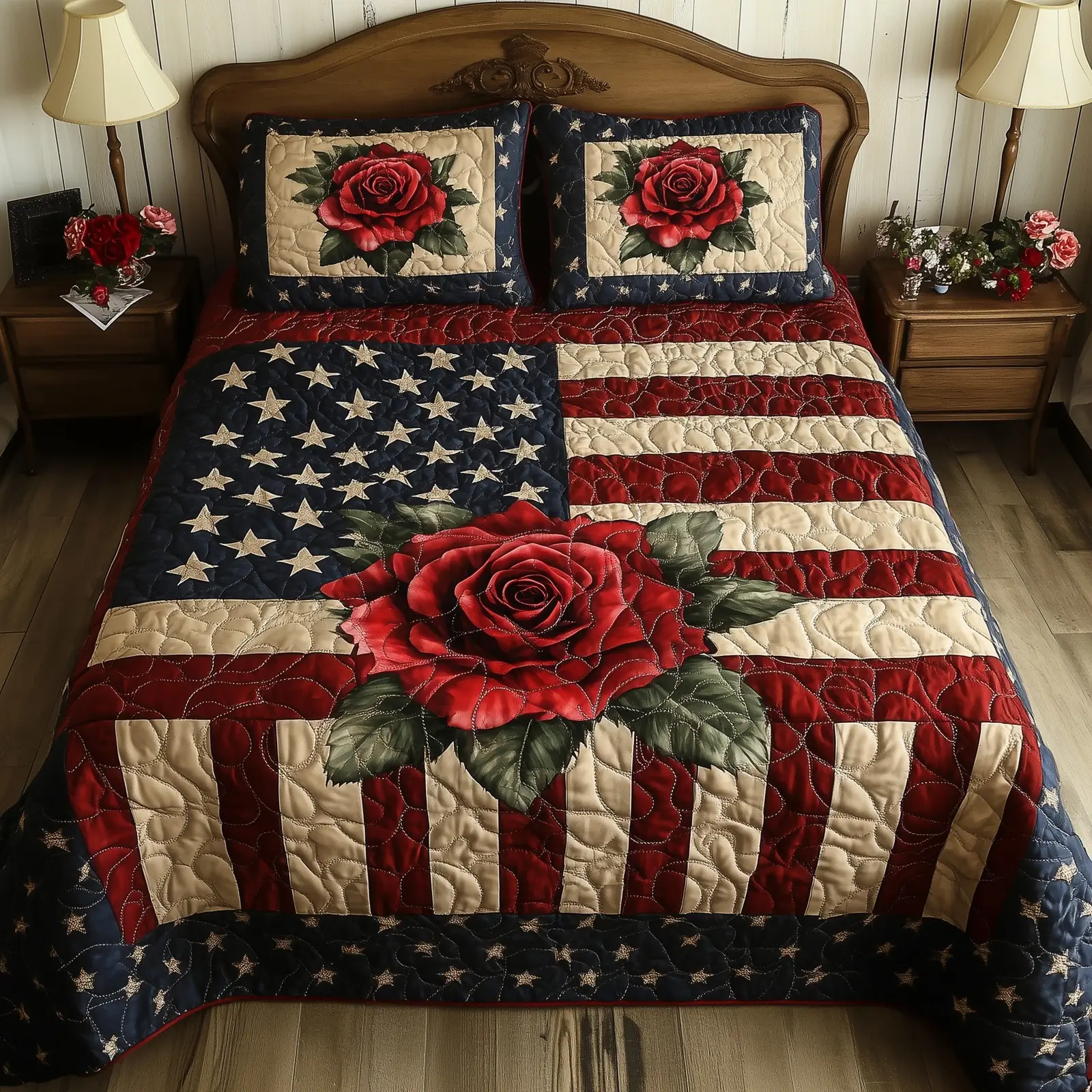 Rose And Glory Quilted Bedding Set Linen Blend