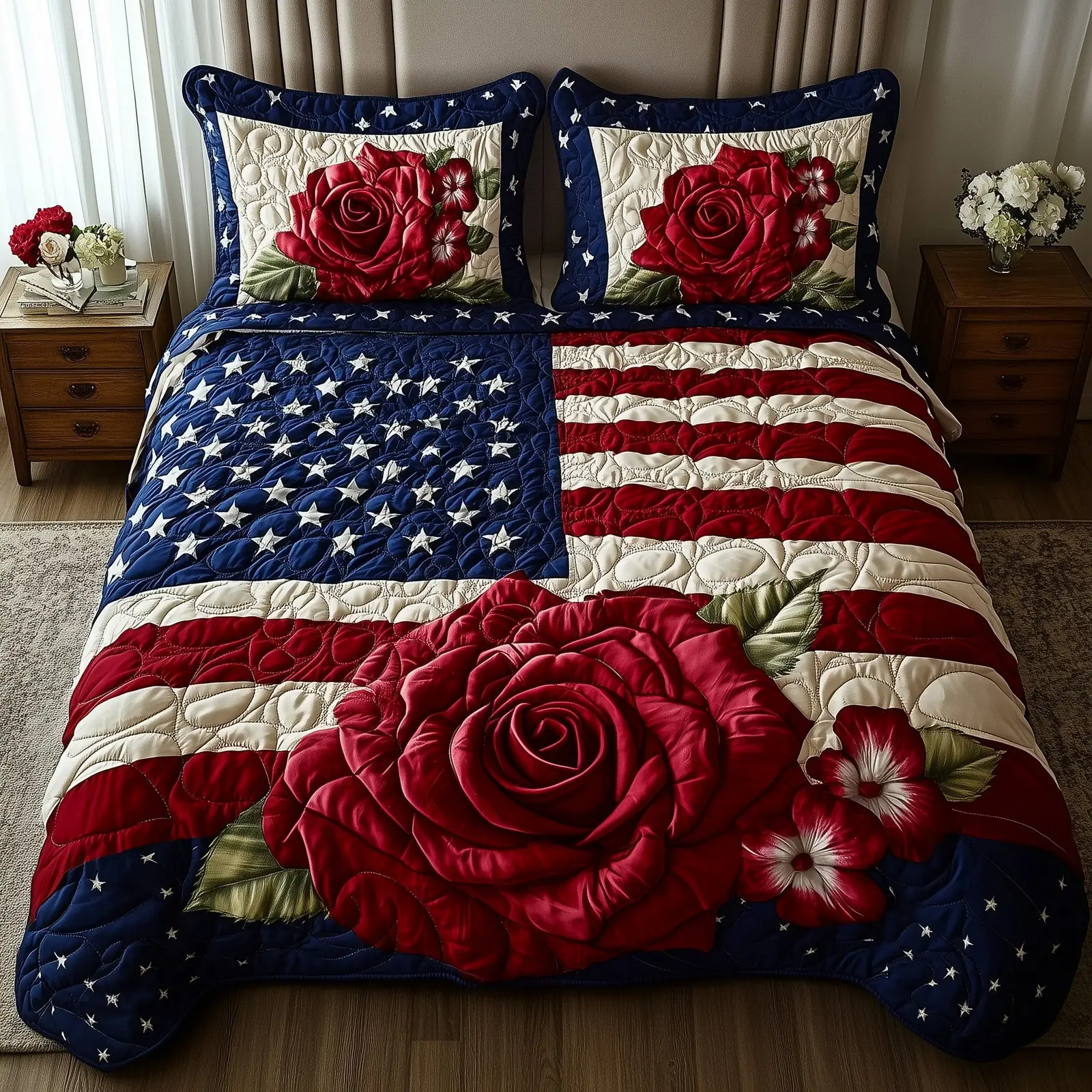 Rose And Glory Quilted Bedding Set Soft & Smooth