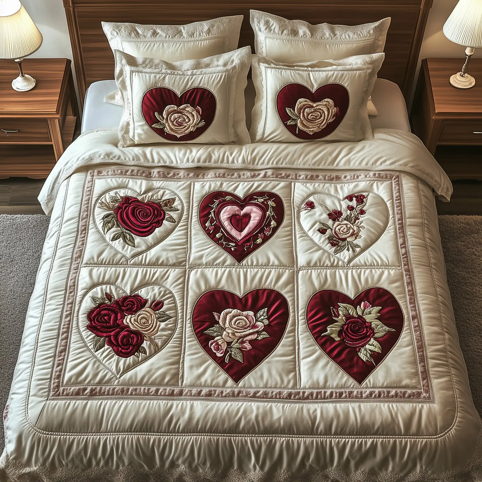 Rose Hear Quilted Bedding Set Duvet Cover Bedspread Valentine Gifts For Lovers Rose Hear Quilted Bedding Set Duvet Cover Bedspread Valentine Gifts For Lovers - Image 1
