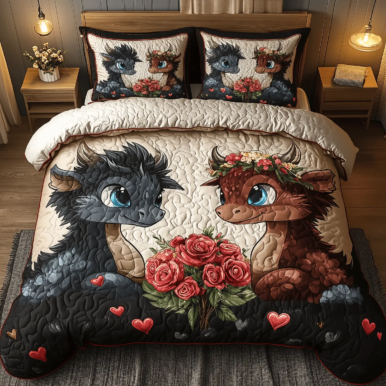 Rosebound Dragon Pair Quilted Bedding Set Bedroom Decoration Best Gift For Dragon Lovers