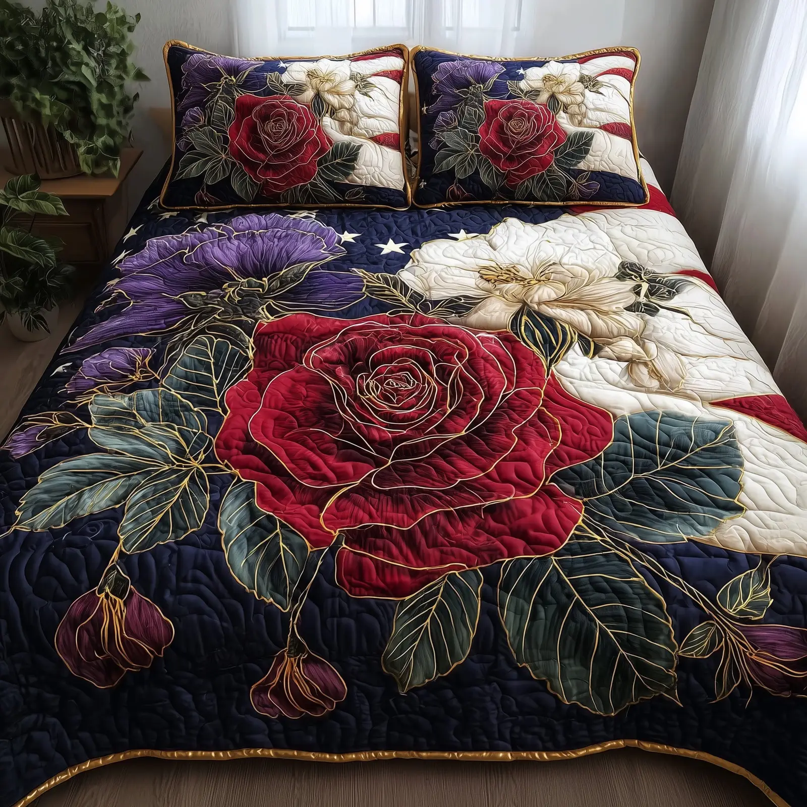 Roses Quilted Bedding Set Unique Pattern