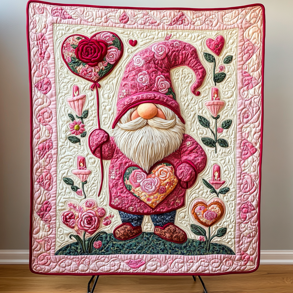 Rosy Gnome Delight Quilted Blanket Modern Home Decor Unique Valentine's Day Ideas Gifts