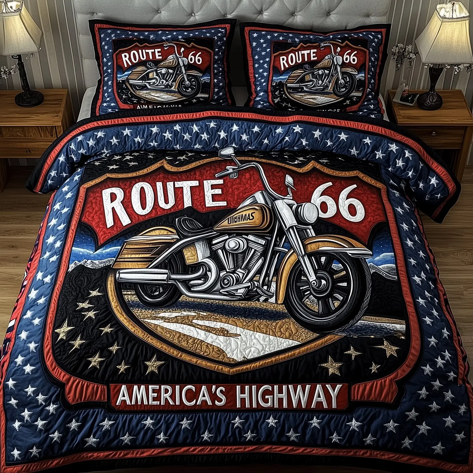 Route 66 American  Quilted Bedding Set  4Th Of July Gifts For Dads