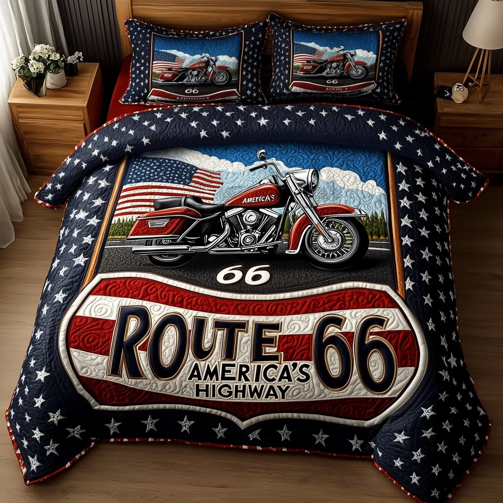 Route 66 American  Quilted Bedding Set Full Size Bed Set Good Gifts For Mom Birthday
