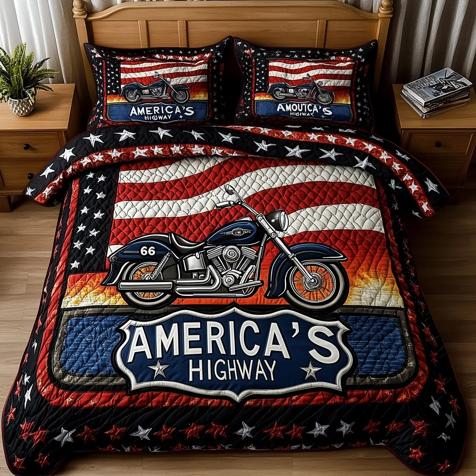 Route 66 American  Quilted Bedding Set Patritotic Duvet Covers Meaningful Gifts For Mom