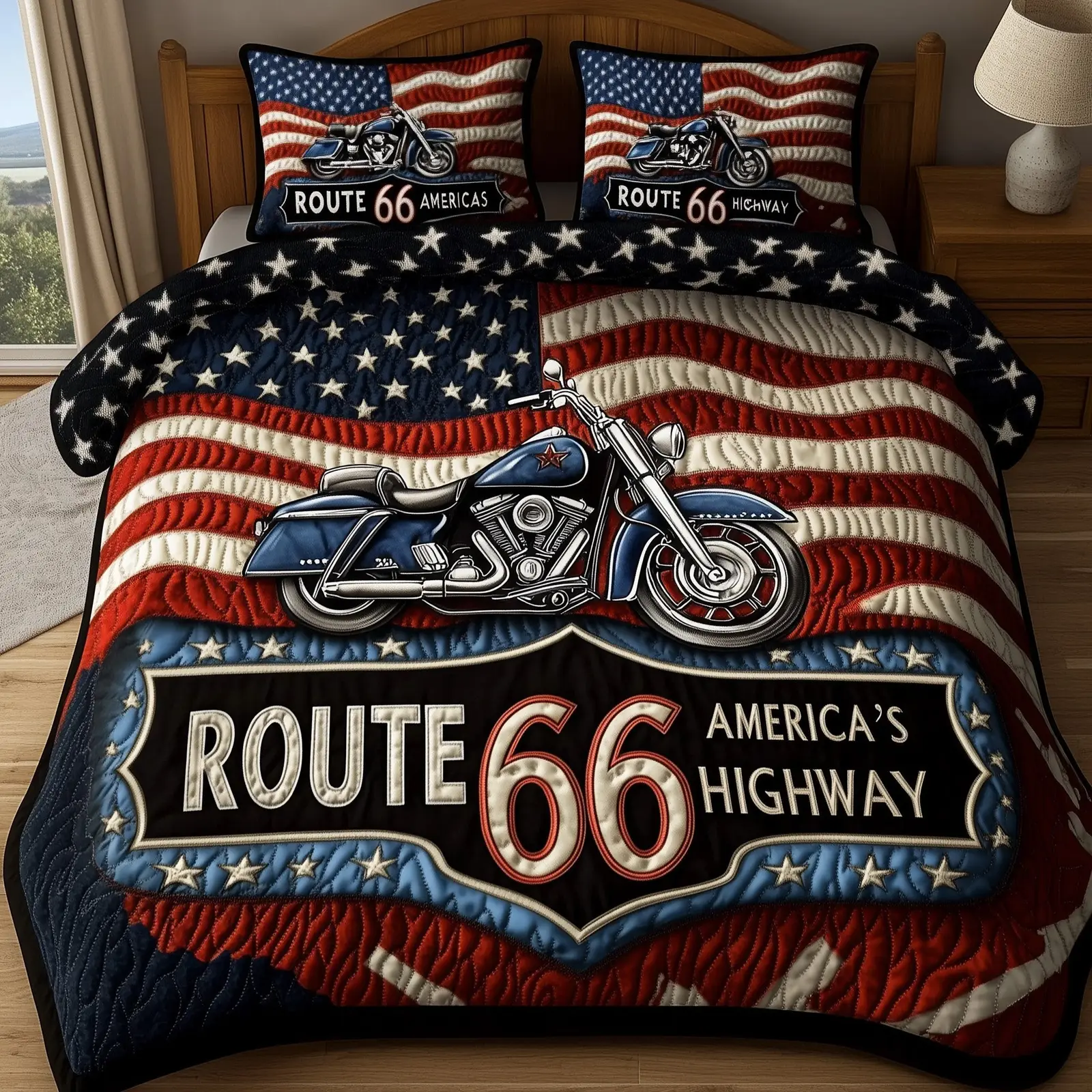 Route 66 American  Quilted Bedding SetBest Luxury Sheets Birthday Gifts For Mom