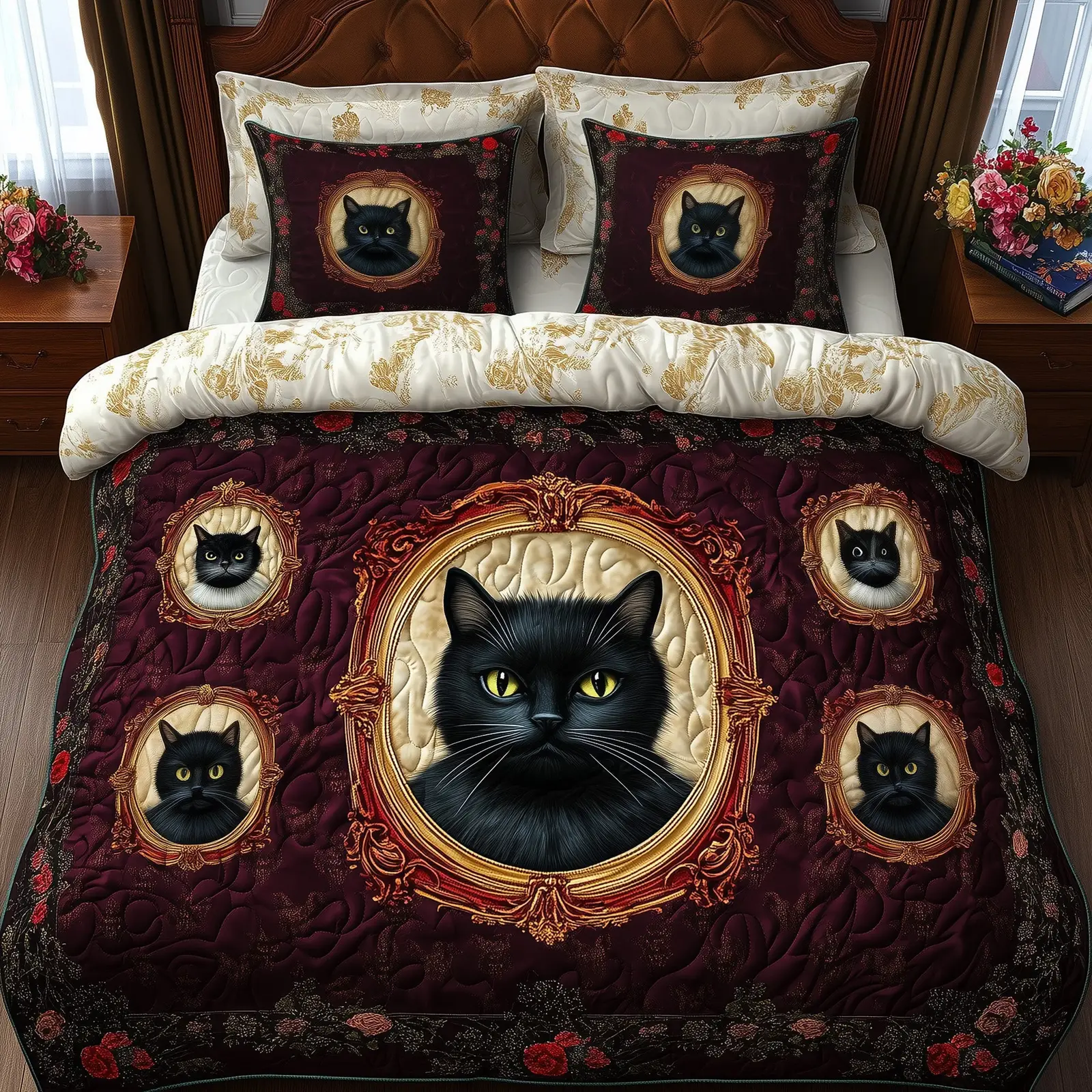 Royal Cat Halloween Quilted Bedding Set Duvet Cover Bedspread Cozy Gifts For Cat Lovers