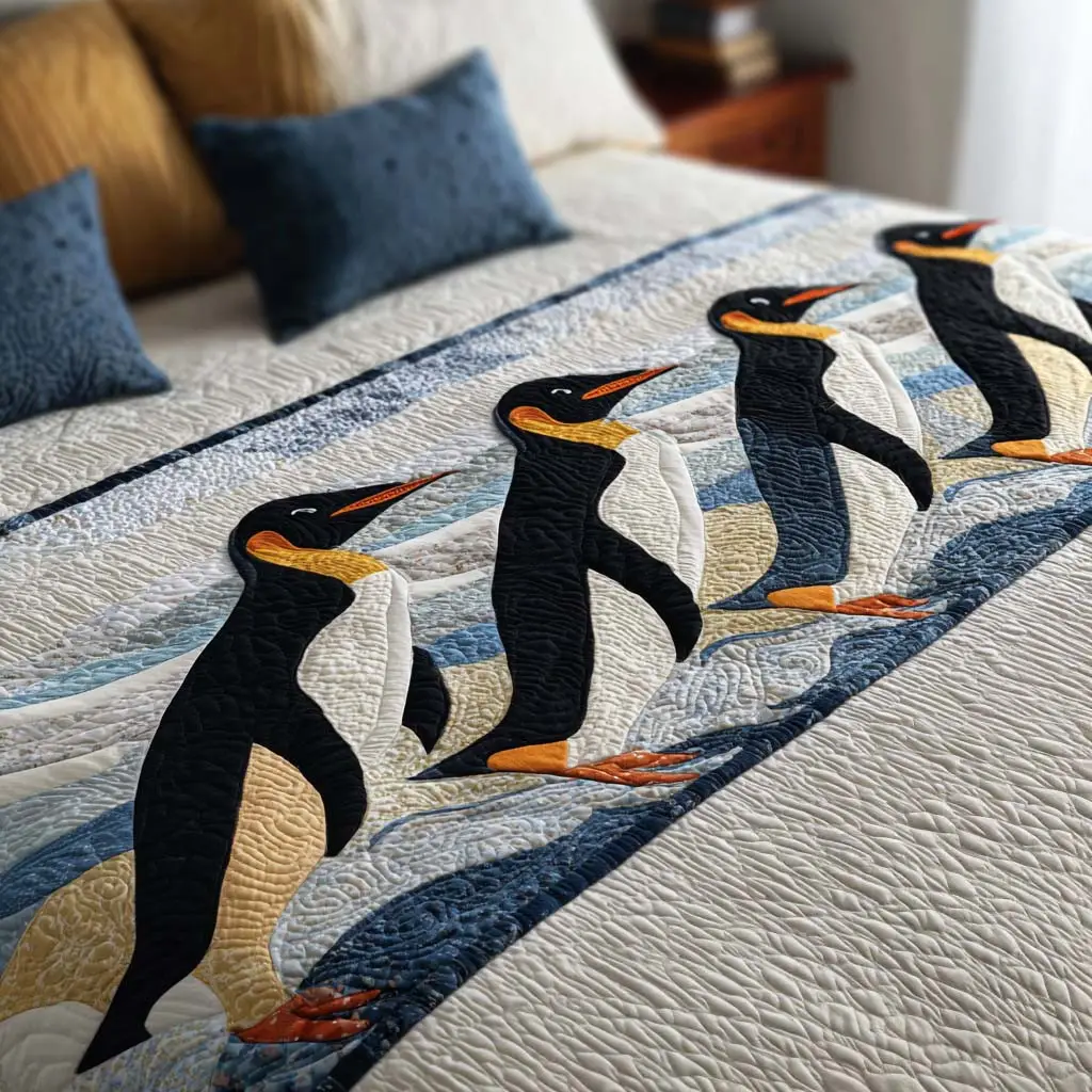 Royal Penguins Quilted Bed Runner Royal Penguin Family Christmas Gift Royal Penguins Quilted Bed Runner Royal Penguin Family Christmas Gift - Image 1