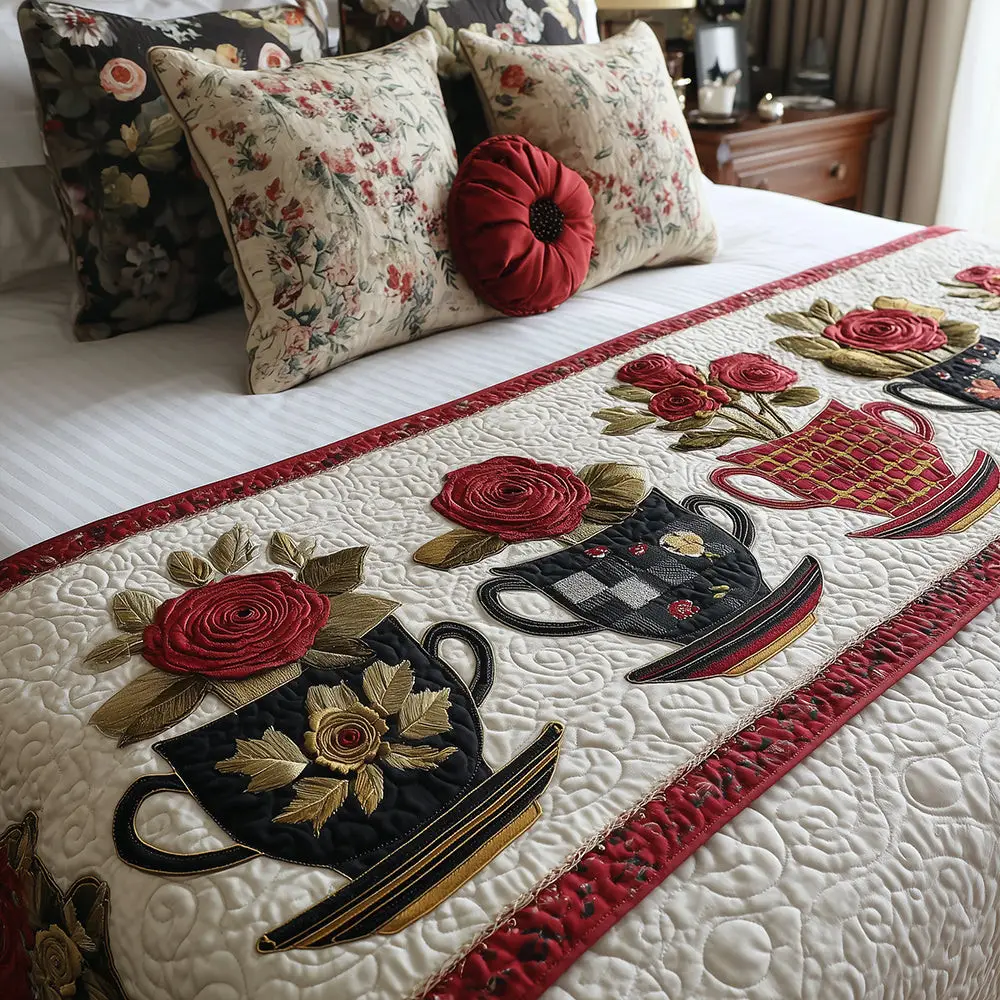 Royal Rose Pour Quilted Bed Runner Rose Pour Teacup Elegant Mother���s Day Gift