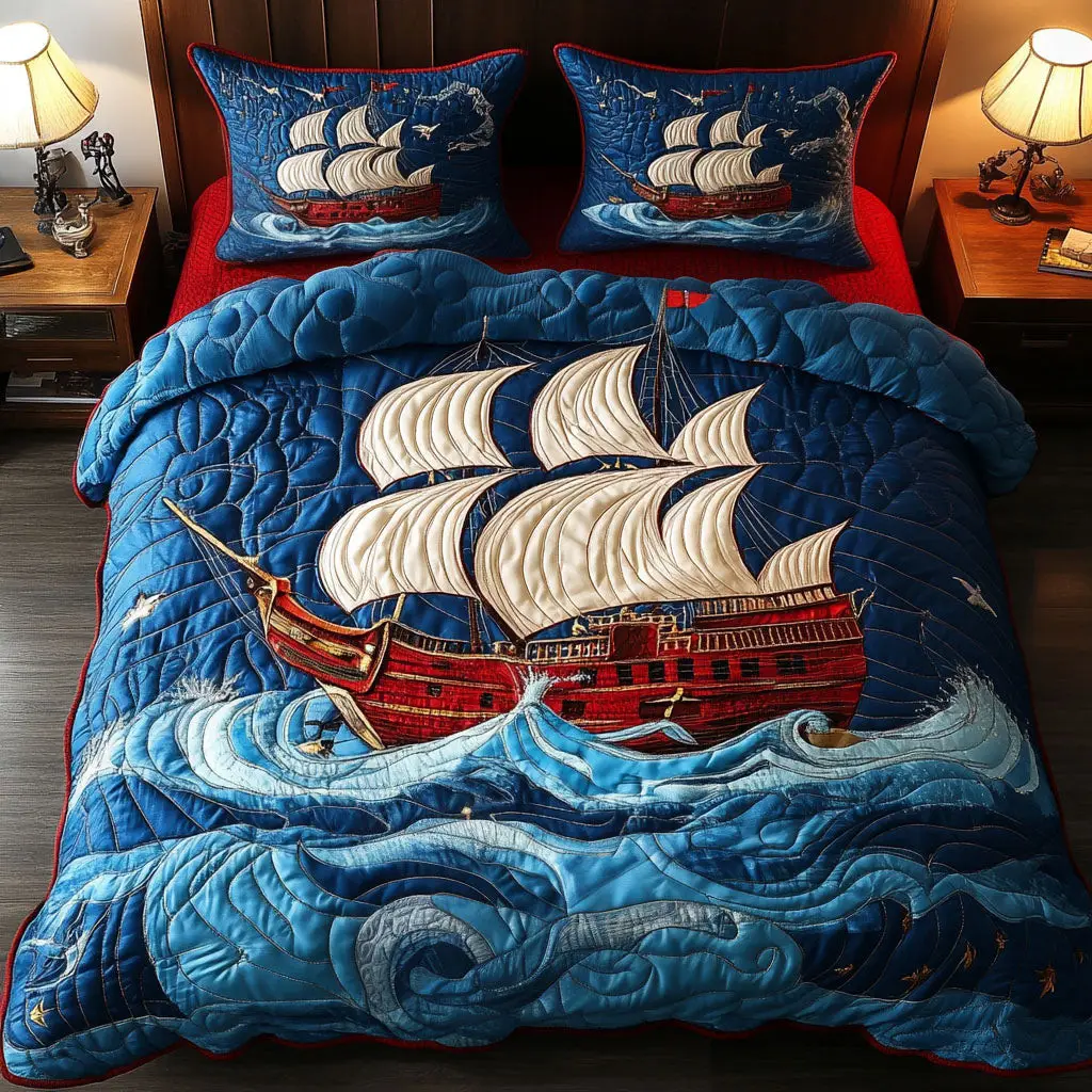 Royal Sailing Quilted Bedding Set Bed Decor Sailboat Gift Items Royal Sailing Quilted Bedding Set Bed Decor Sailboat Gift Items - Image 1
