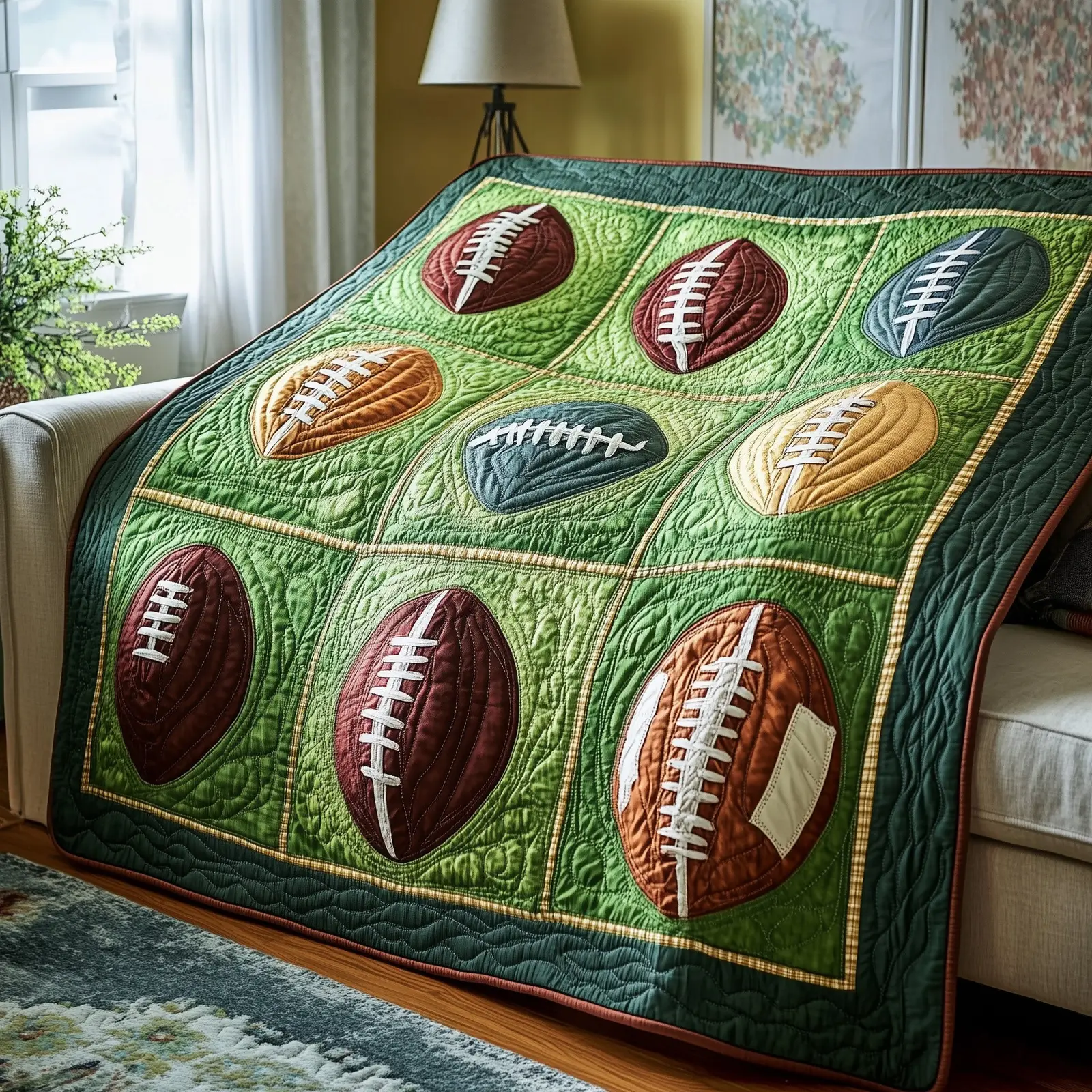 Rugby Ball Themed Quilted Throw Blanket Cozy Gift For Football Fans And Players