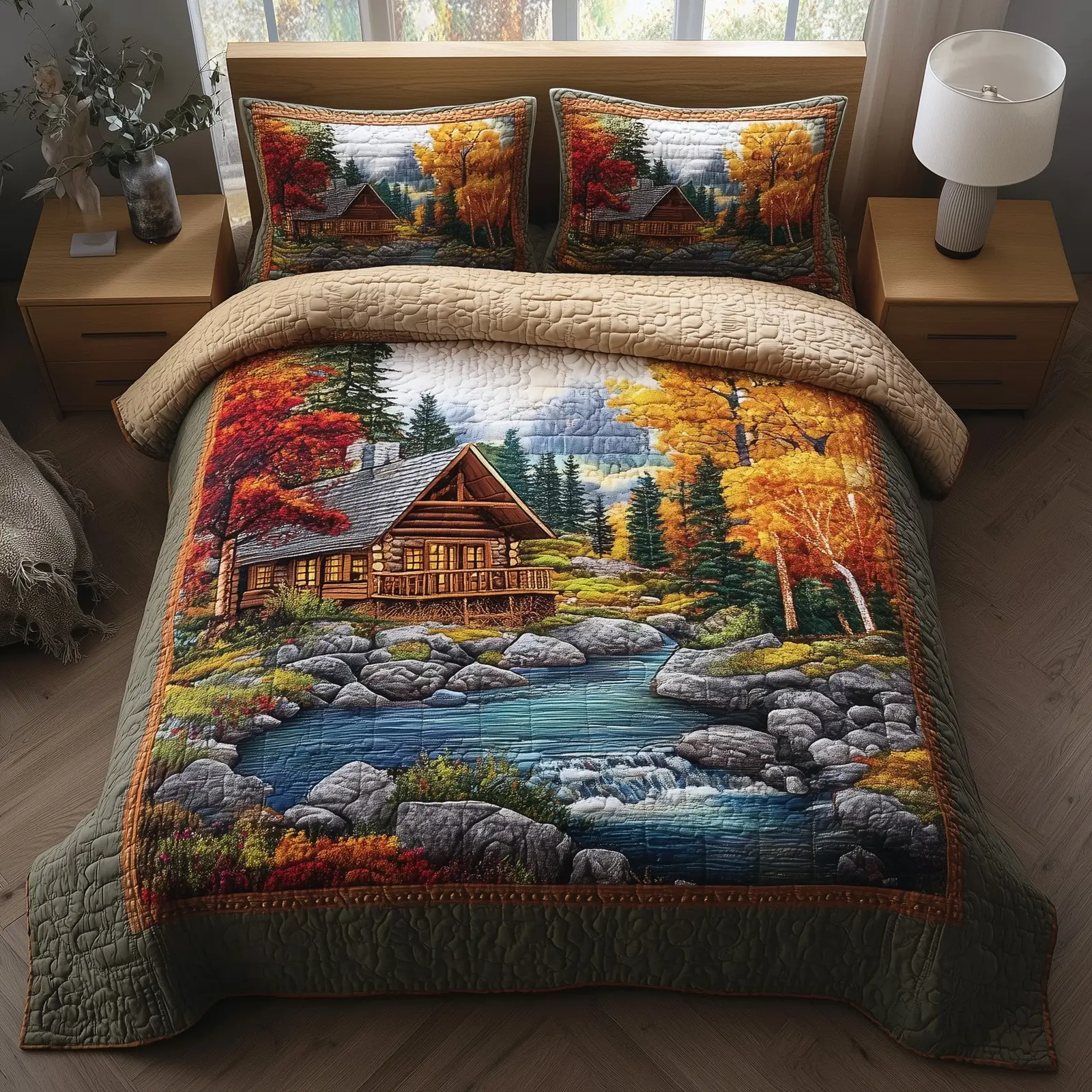 Rustic Autumn Retreat Quilted Bedding Set Bedroom Decor Cabin Autumn Themed Gifts