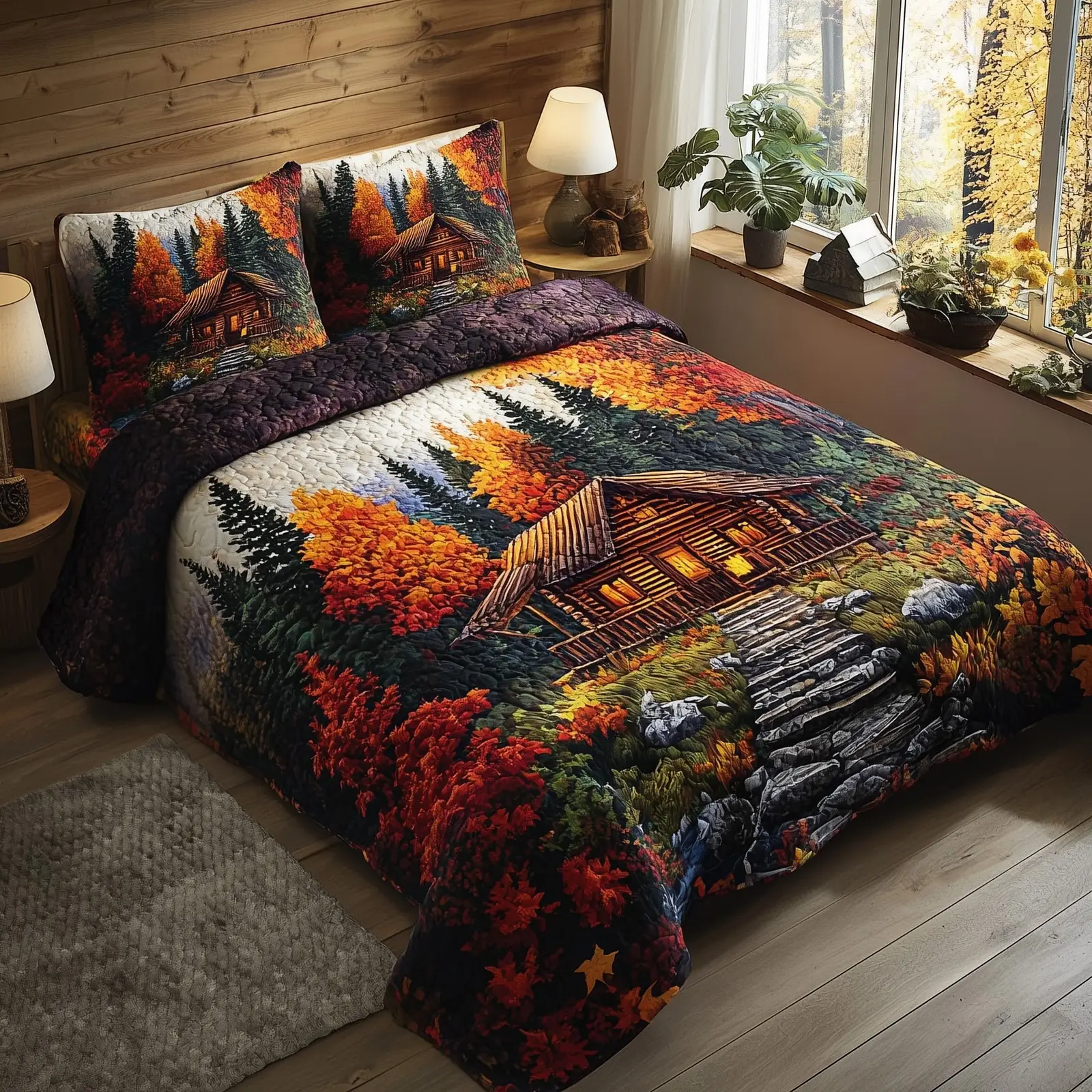Rustic Autumn Retreat Quilted Bedding Set Bedspread Log Cabin Fall Autumn Season Gifts