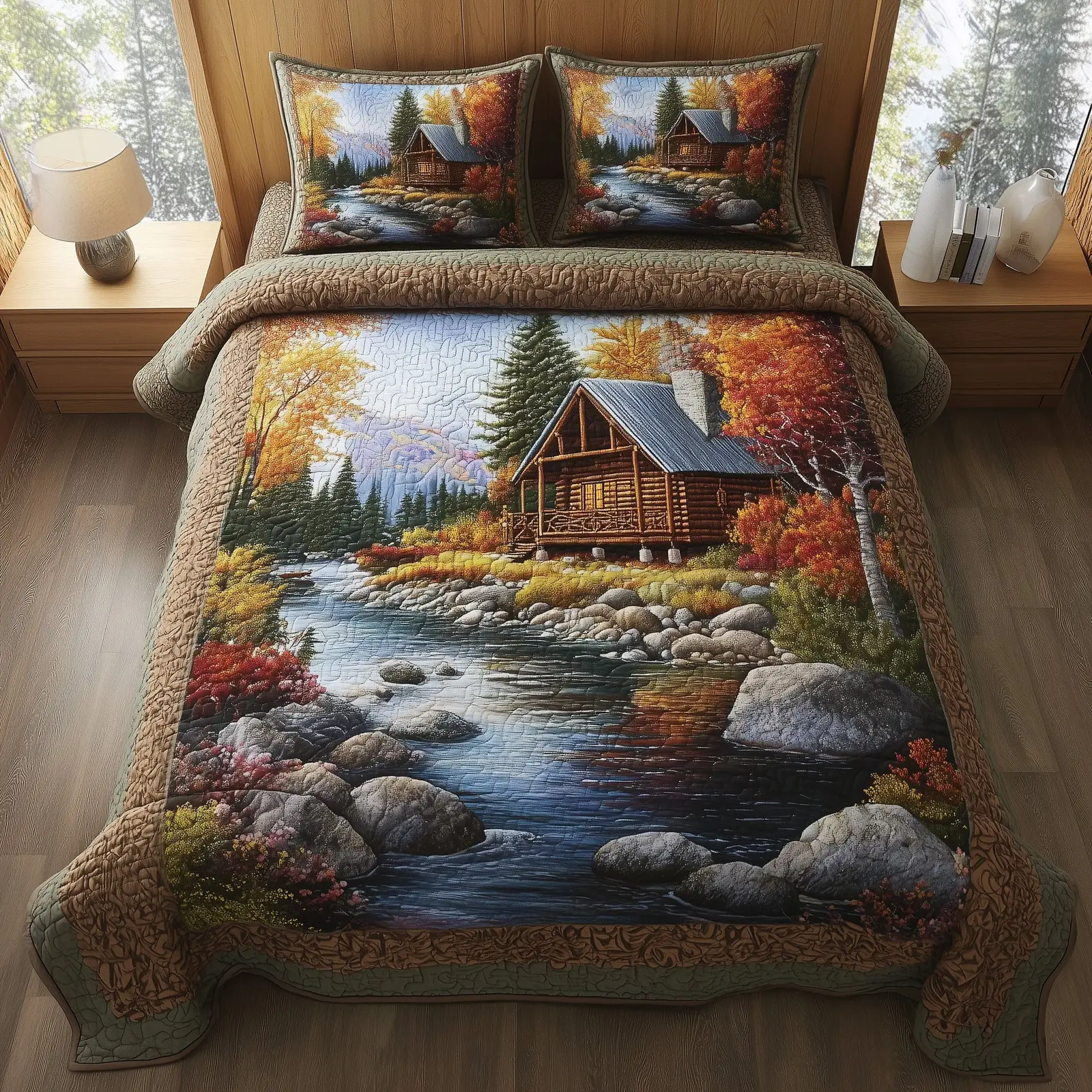 Rustic Autumn Retreat Quilted Bedding Set Duvet Cover Bedspread Log Cabin Best Autumn Gifts