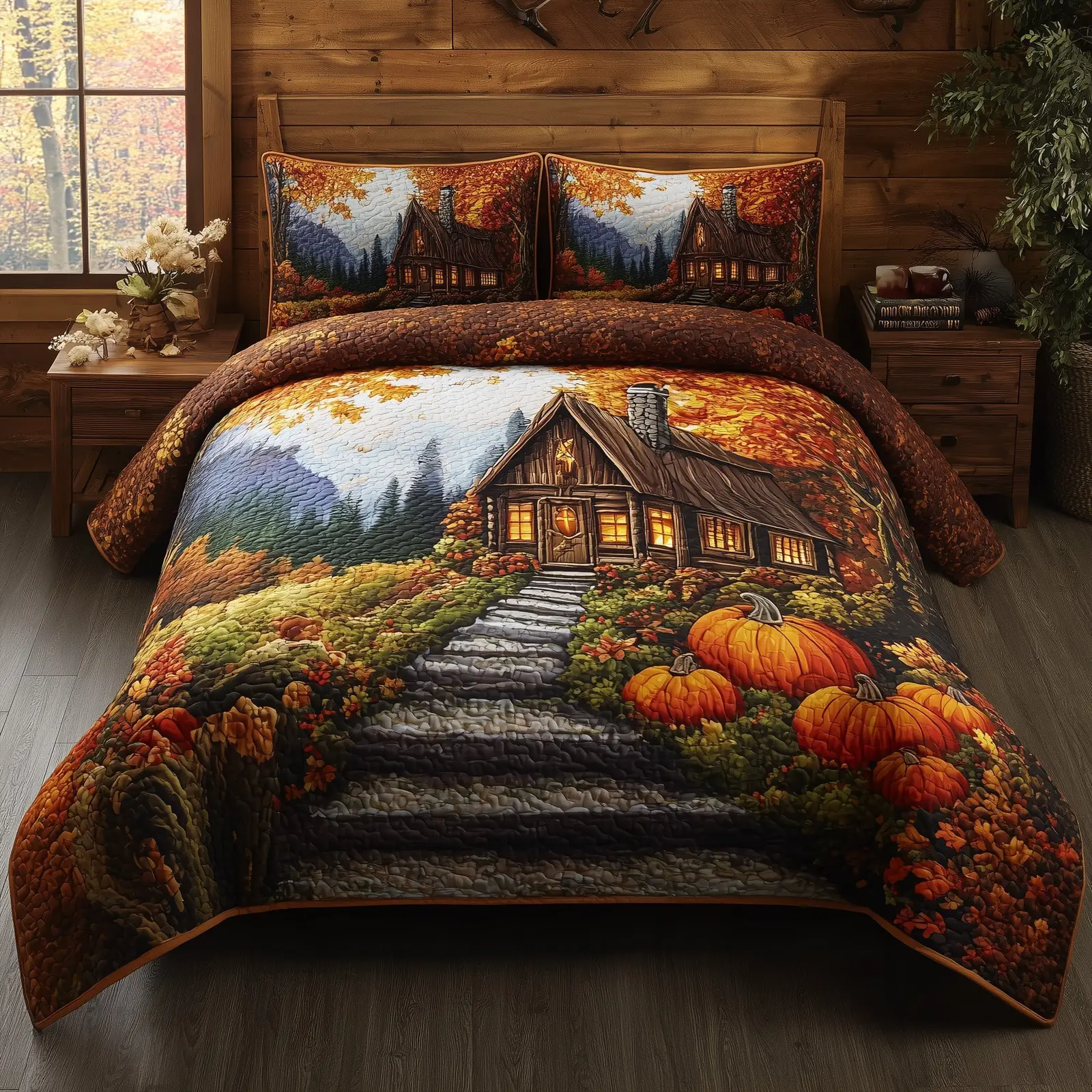 Rustic Autumn Retreat Quilted Bedding Set Duvet Cover Log Cabin Pumpkin Autumn Themed Gifts Rustic Autumn Retreat Quilted Bedding Set Duvet Cover Log Cabin Pumpkin Autumn Themed Gifts - Image 1