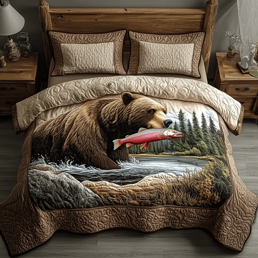 Rustic Bear Quilted Bedding Set Bedroom Decorations Hunting Lover Gifts