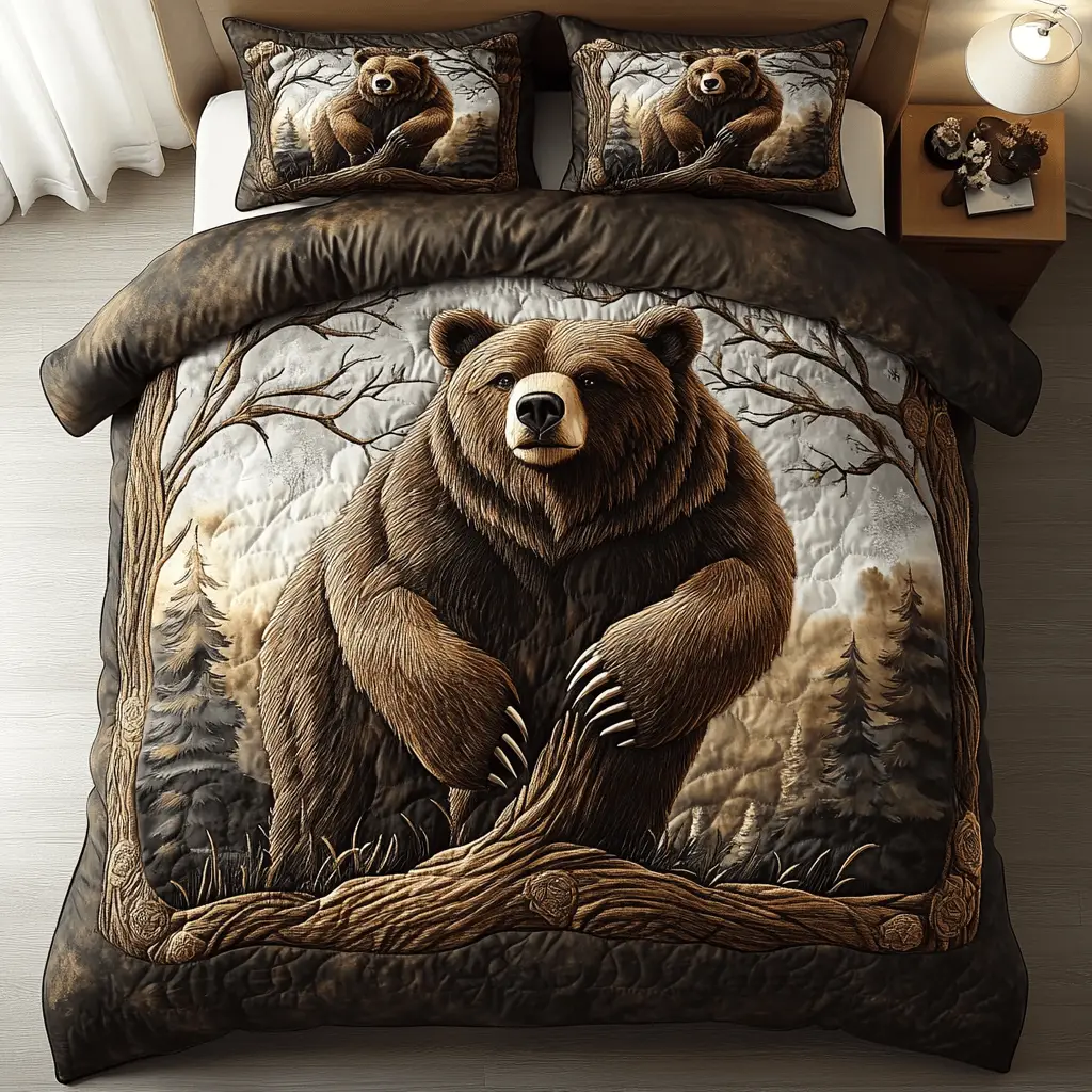 Rustic Bear Quilted Bedding Set Christmas Bed Sheets Gifts For Wild Animal Lovers Rustic Bear Quilted Bedding Set Christmas Bed Sheets Gifts For Wild Animal Lovers - Image 1