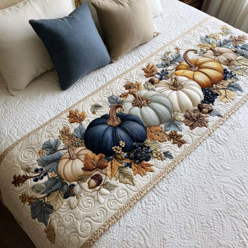 Rustic Blue Harvest Quilted Bed Runner Country Harvest Feel Gift for Grandpa