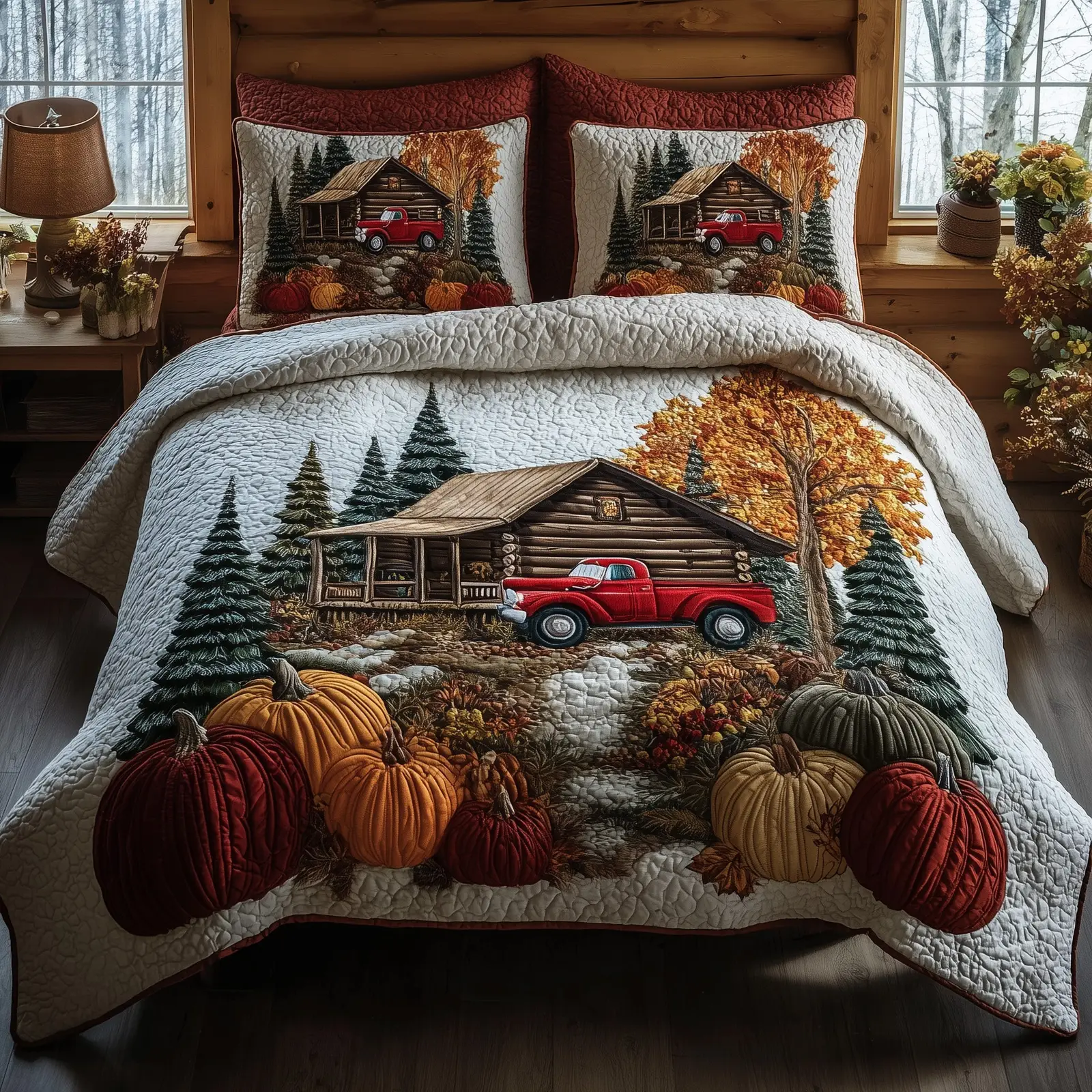 Rustic Cabin Quilted Bedding Set Bedroom Decor Log Cabin Autumn Forest Great Gifts For A Farmer
